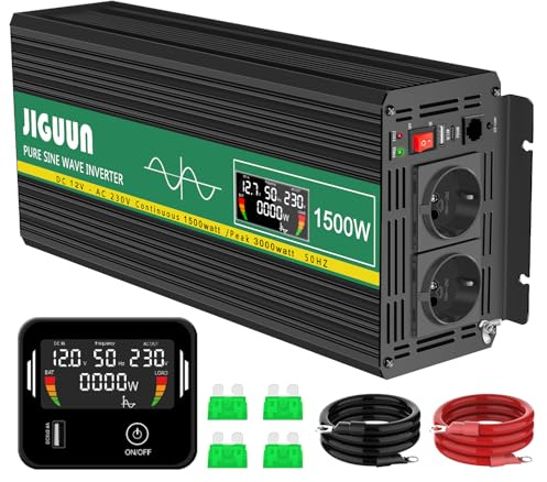 JIGUUN 1500W Convertisseur 12V 220V Pur Sinus Onduleur transformateur Puissance crête 3000W avec Télécommande Écran LCD 2 Prises EU 1 Port USB pour Voiture Camping Voyage Urgence