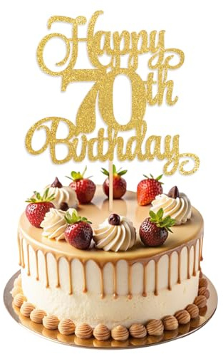 ZEYIYER Gold 70th Cake Toppers, Glitter Happy 70th Birthday Cake Decorations, Seventy Years Old Cakes Pick for Women Men Birthday Party Supplies