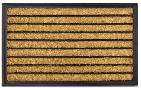 Flatro Coir Outdoor Door Mat | 60 x 40 cm Coconut Coir Scrapper Mat | Entrance Doormat with Non-Slip Rubber Backing for Trapping Dirt, Mud, & Moisture | Front Door Mat Outside (Striped, Pack of 1)
