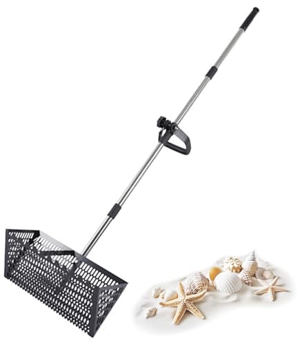 Tamiz arena, rastrillo de chip de arena, tamiz de arena de playa de acero inoxidable con mango y canasta, colador de arena extraíble para pesca de cebos, limpieza de playa y juegos infantiles (negro)