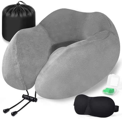 Kulamo Nackenkissen Flugzeug, Reisekissen Memory Foam, Nackenhörnchen Erwachsene, Nackenkissen Reise mit 3D-Schlafmaske, Ohrstöpsel, Tasche Ideal für Reisen, Flugzeug, Büro, Auto, Zug (Grau)