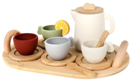 14Pcs Wooden Tea Set for Toddler, Afternoon Tea Party Set for Kids, Children Pretend Role Play Kitchen Accessories Toys with Teapot, Milk Jug, Cups and Saucers Birthday Gifts fit Girls Kids