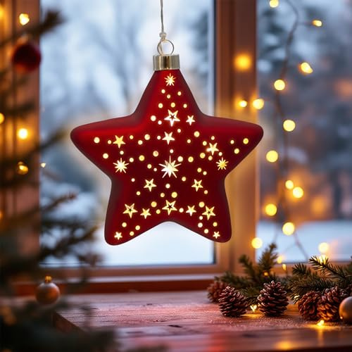Glas Weihnachtsstern rot zum Hängen - 15 cm - 10 LED | Warm weiß beleuchtet, Batterie betrieben, Sternenlampe Stimmungslicht, Advent Winter Deko, Elegant