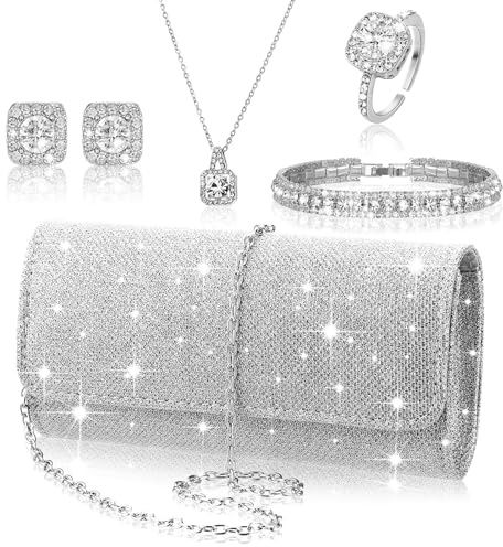 Canchiing 5 Pcs Rhinestone Jewelry Set Clutch Purse for Women Silver
