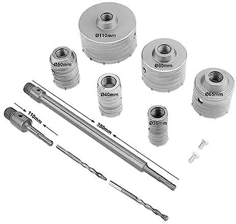 Concrete Hole Saw Cutter Set with SDS Extension Shanks, 10 Piece M42 Steel and Alloy Wall Drill Bit Kit for Masonry, Brick, and Cement, Includes 6 Hole Saw Sizes from 35mm to 110mm