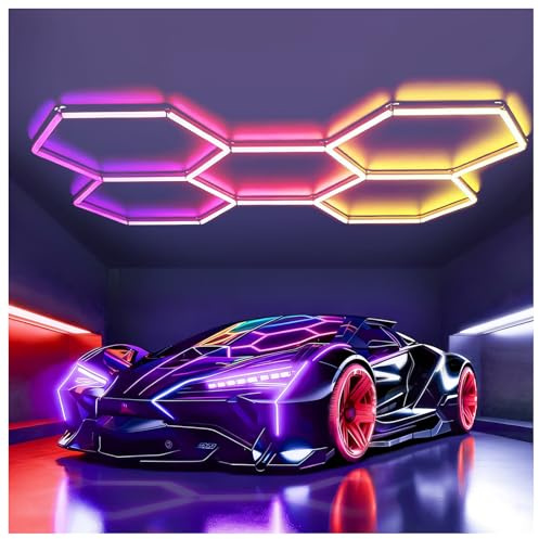TODEHI RGB LED Hexagon Beleuchtung 5 Hex Deckenleuchten für Bar Party | dimmbare verknüpfbare Sechseck-Garagenleuchten mit Fernbedienung/APP für Gaming-Zimmer Fitnessstudio Auto-Schönheitssalon