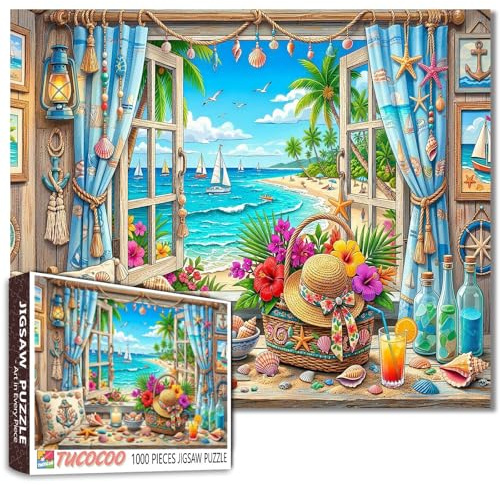 Coastal Beach Window Jigsaw Puzzle 1000 Teile für Erwachsene Muschel Ozean Tropische Szene Puzzle Sommer Meereslandschaft Kunst Bunt Entspannende Puzzles Stressabbau Freizeit Geschenk Heimwanddekor