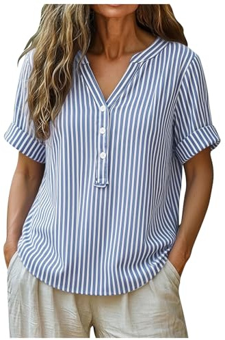 Chemises Femme Lin Coton Rayées Manches 3/4 Hauts Décontractés Col V Boho Top Été Lâche Tunique Blouse Gaze – Respirante Légère Fluide Élégante – Idéal Quotidien Bureau Sorties Vacances Plage