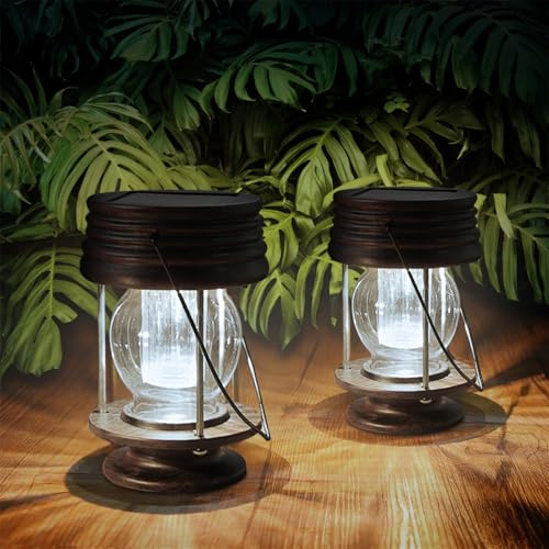 pearlstar Solar Lanterns Outdoor Hanging Solar Lights with Handle for Pathway Yard Patio Garden Decoration, Waterproof Outside Solar Table Lamp,2 Pack 5.5 H (White Lights)