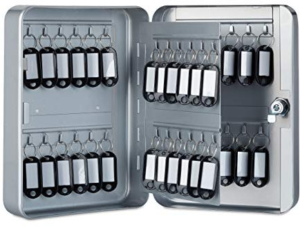 Relaxdays Schlüsselkasten Metall, abschließbar, 48 Haken, Schlüsselschrank inkl. Schlüsselanhänger, 25x18x7,5cm, grau 1 Stück