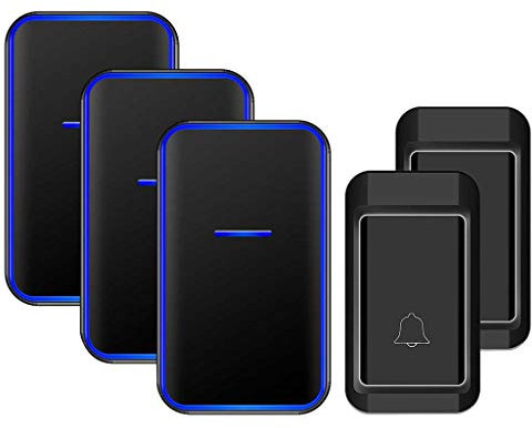 LIUXIUER Wireless Doorbell Waterproof, 38 Music LED Blue Light Reminder Self-Powered Doorbell, 2 Transmitters 3 Receivers, 120M (393FT) Transmission Range/No Battery Requiredno Battery Required,Black