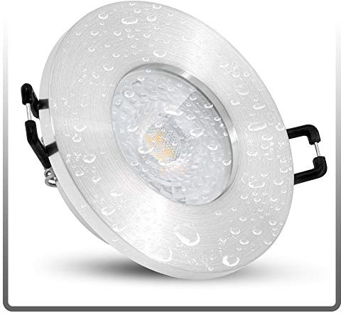 linovum ISASO Einbauspot silber rund IP65 LED-Modul 4W warmweiß flach 30mm | Flacher Deckenspot IP65 Alu gebürstet - warmweiß, nur 30mm tief, mit Glasscheibe für Bad & Dusche, inkl. LED-Modul