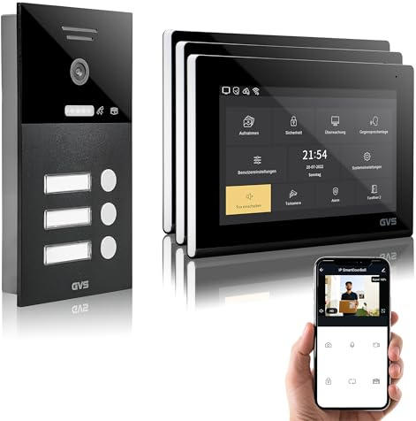 GVS IP Video Türsprechanlage 3 Familienhaus mit Türöffner 3X 7 Monitor | Smarte Video Türklingel mit Kamera und Monitor & App - Gegensprechanlage mit Türöffner (AVS1291U)