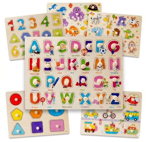 6 Pack Wooden Peg Puzzles for 3+ Year Olds - Educational Alphabet, Number, Shape & Animal Learning - Preschool Toys Ages 3 4 5