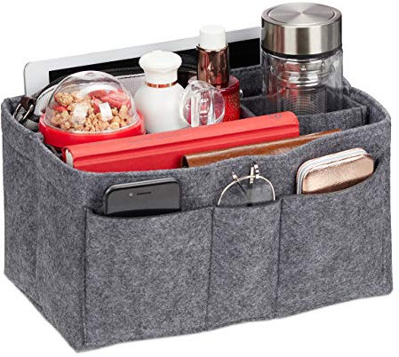 Relaxdays Taschenorganizer Handtasche, Filz, entnehmbare Fächer, Handtaschenorganisator Damen, Größe S, dunkelgrau