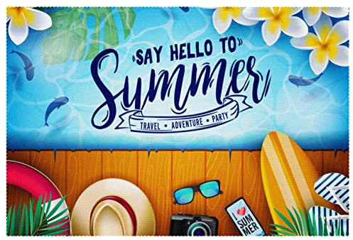 Sommer Strand Blumen Sandalen Surfbrett Hut Platzsets 1 Stück für Esstisch Waschbar Rutschfest Tischset für Weihnachten Urlaub Geburtstag Party Tisch