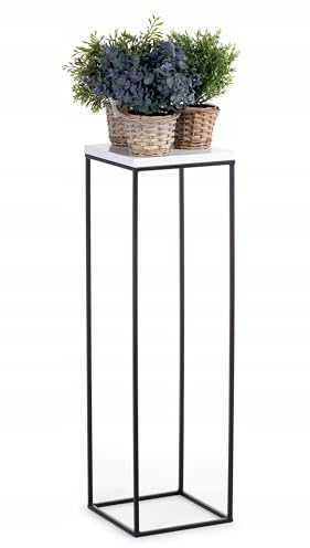 HowHomely Pflanzenständer Metall 80 cm Hoch - Stabiler und Fester Blumenhocker im Loft Stil - Blumenständer mit Weiß MDF-Platte für die Innendekoration