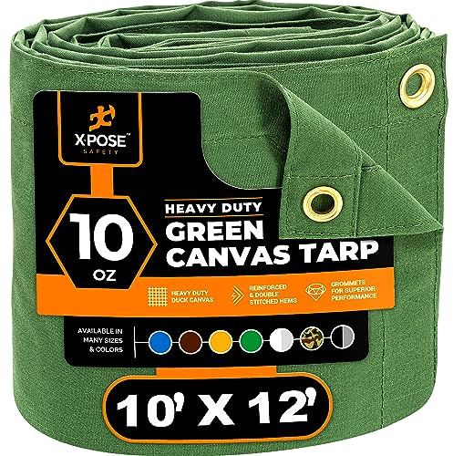 Xpose Safety Canvas presenning – 295 ml grön kanvas presenningar slitstark vattentålig med mässingsgenomföringar – mångsidig utomhuspresenning för camping, baldakin, släpvagn, utrustningsskydd 28 cm x