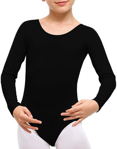 The Fancy Dress® Flickor Bomull Stretch Trikåer Barn Skola PE Balettdans Gymnastik Hela ärmar Kroppsdräkt Ålder 3-13 år, Svart, 7-8 Years
