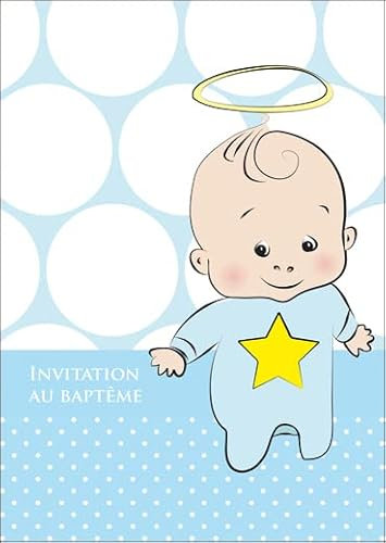 Kartenkaufrausch Im 5er Set: Süße Blaue französische Einladungskarte zur Taufe, Babytaufe mit Baby Junge, Stern und Heiligenschein: Invitation au baptême