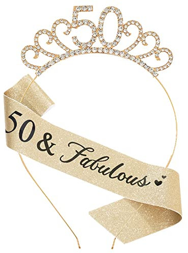MIOSJI 50th Birthday Sash and Crystal Tiara Crown for Women 50th Birthday Decorations Gift Party Accessories