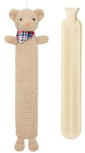 Hot Water Bottle with Animal Fleece Cover 1 or 2 Litre Capacity Natural Rubber Long Hot Water Bottle Plush Cute Animal Cover Cosy Gifts (Teddy Long)