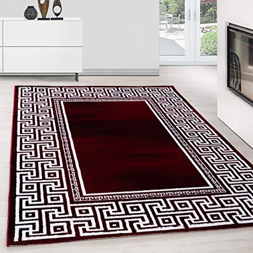 Teppium Moderner Kurzflor Teppich Wohnzimmer 140 x 200 cm Rot - Teppich Waschbar, Mäander-Design, Pflegeleicht und Weich - Ideal für Schlafzimmer, Esszimer und als Küchenteppich