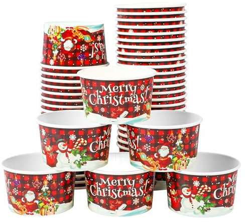 50 PCS Christmas Snack Bowls - 9 oz Paper Ice Cream Cups - Plaid & Snowman Santa Designs - Holiday Treat Dessert Cakes & Candy Party Supplies