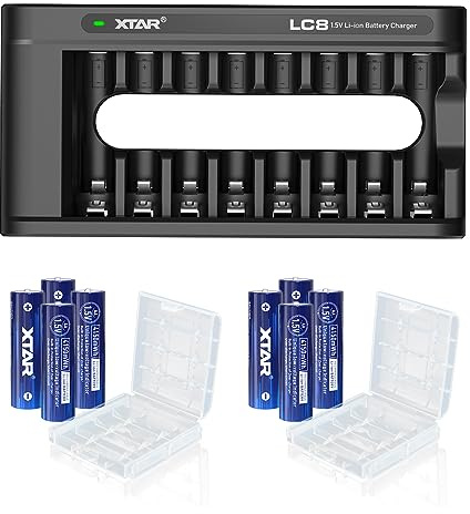 8 pilas recargables XTAR 4150 mWh 1,5 V AA con cargador de batería de litio AA de 1,5 V (8 paquetes de 4150 mWh AA + cargador LC8)