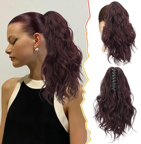 BARSDAR 35 CM Rote Pferdeschwanz Extension, Klaue Clip Kurzes Lockig Gewellt Haar Pferdeschwanz Haarverlängerung Synthetik Clip Haarteil Haarextension Frauen Mädchen(Dunkel Burgund)