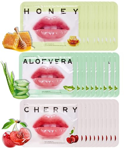 30pcs Gel Lip Mask Collagen Crystal Lip Sleeping, Moisturizing Lip Mask Hydrating, Cherry, Honey and Aloe, Anti Chapped, Reduce Lip Wrinkles