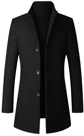 ECDAHICC - Cappotto invernale da uomo, slim fit, lungo, in lana, con colletto alla coreana, cappotto business da uomo, Nero , M