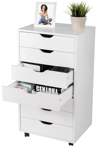 SFAREST Mobile File Cabinet with Drawers, Multifunctional Wooden Printer Stand with Door & Wheels, Stationery Rolling Filing Cabinet and Home Office Drawer Chest(White,7 Drawers)