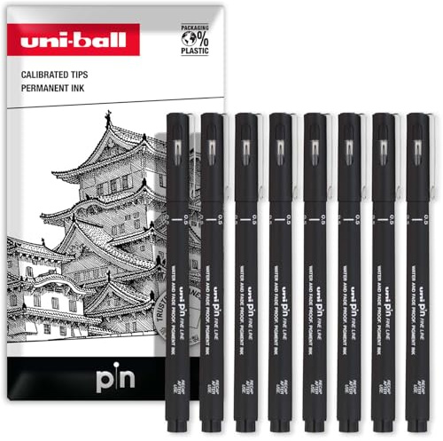 Uni Pin Fineliner Zeichenstifte, schwarze Tinte, 0,5 mm Spitze, 8 Stück in Umschlag-Geschenkverpackung