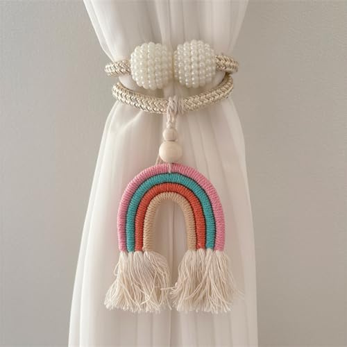 Viusneun 2 Stück Vorhang Raffhalte Regenbogen Boho Vorhanghalter, Quasten Gardinenclips Raffhalter Seil, Gardinen Haken Ringe Bär für Kinderzimmer Dekoration (Rosa Regenbogen)