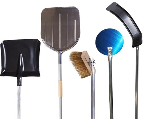 KIT PALE SET PALA PIZZA FORNO A LEGNA 5pz COMPLETO SPAZZOLA + REMO TIRA CARBONI E CENERE + PALA RETTANGOLARE + PALA TONDA + PALA CENERE