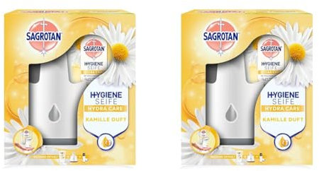 Sagrotan No-Touch Automatischer Seifenspender Weiß – Inkl. Sagrotan Nachfüller Lotusblüte und Kamille – 1 x 250 ml Flüssigseife (Packung mit 2)