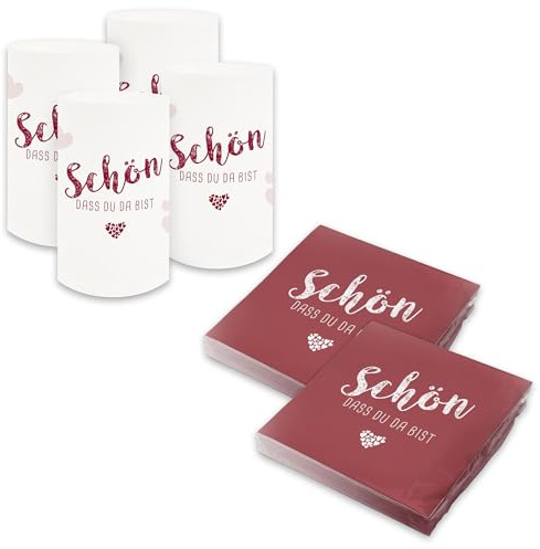 itenga Tischdeko Set - Servietten Schön dass du da bist 30 x 30cm 3-lagig 40 Stück und 6 Windlichter für Kommunion Konfirmation Hochzeit Taufe und andere Feiern (bordeaux rot)