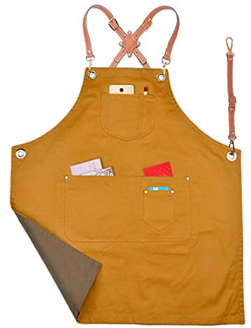 Tablier porte-outils Tablier de travail, tabliers for hommes, tablier de travail, tablier en toile, tablier d'atelier avec bretelles réglables for barbier, cuisine, jardinier, café(Yellow Brown)