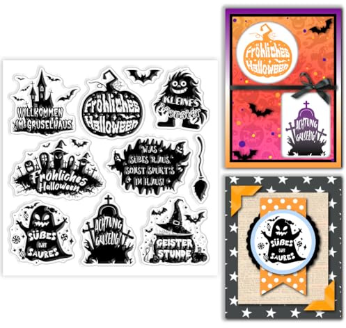 GLOBLELAND Deutsch Halloween Text Transparente Silikonstempel Halloween Kürbis Klare Stamps Ecke Silikonstempel Für Kartengestaltung DIY Prägung Journaling