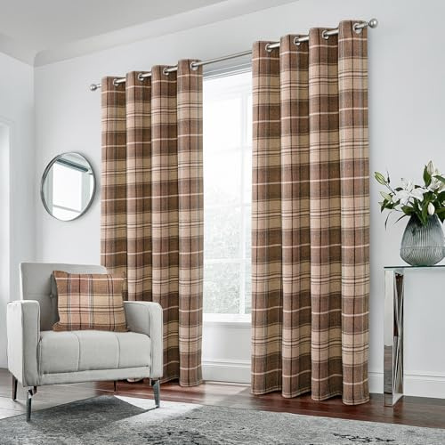 always4u Tende a quadretti, 100% oscuranti, termiche, isolanti, con occhielli, doppie tende in lana sintetica, per camera da letto, soggiorno, moderna, L 140 x H 245 cm, marrone chiaro