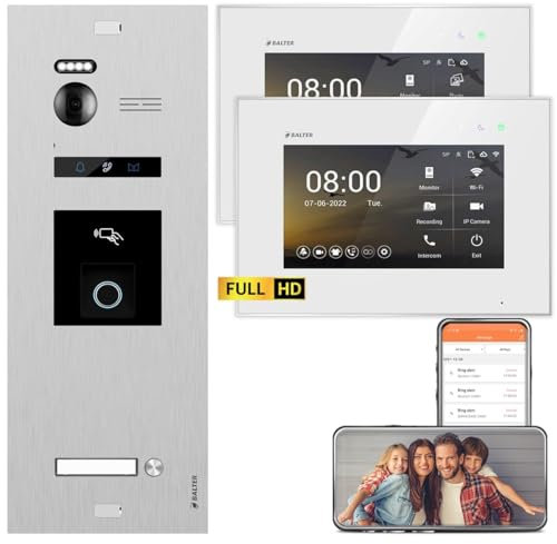 BALTER EVO HD Silber/Weiß Video Türsprechanlage mit Fingerprint Set für 1 Familienhaus (1x Türstation mit Full HD-Kamera, 1x 7 Zoll WiFi +1x 7 Zoll Monitor, 2-Draht BUS, RFID, 175° Weitwinkel, APP)