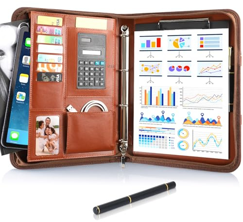2PCS Schreibmappe A4 Konferenzmappe, Leder Schreibmappe mit Reißverschluss, Dokumentenmappe mit Ringbuch, Wasserdicht Aktenmappe mit Klemmbrett, Portfolio A4 Mappe für Business Meeting, Braun