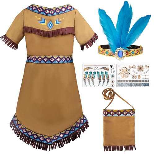 Tutukyle Déguisement d'Aventurière Enfant Fille Robe avec Bandeaux de Plumes Sac à Bandoulière Autocollants de Tatouage Deguisement Fille pour Carnaval Fête d'Halloween Cosplay