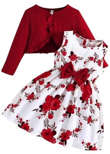 Kunyeah Småbarn, flickklänning med kofta set, liten flicka blommor, ärmlös klänning, volangkappa, baby, långärmad outfit, röd, 8 år