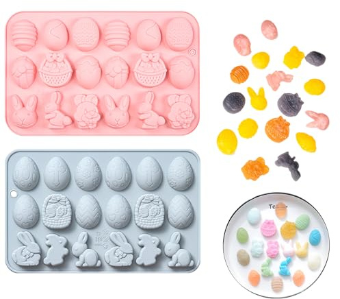 Molde de Silicona para Dulces de Pascua, Molde para huevos de Pascua y dulces - Molde de silicona para hacer huevos de Pascua, ideal para gelatina y chocolate - Paquete de 2, con diseño de conejito