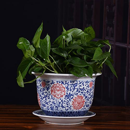 Pot De Fleurs Décoratif En Céramique Bleu Et Blanc Avec Soucoupe Pour Plantes D'Intérieur, Récipient À Fleurs Avec Trou De Drainage Pour Plantes Bonsaï, Fleur D'Aloès D'Intérieur, D, 14 Cm X 21 Cm