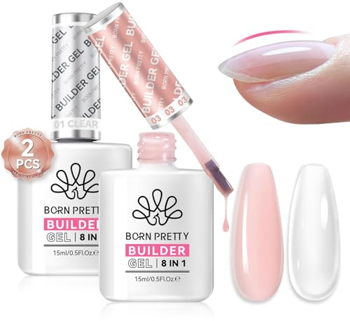 Born Pretty Builder Nail Gel 2X15ML - 8 in 1 Clear Nude Quick Builder Gel für Nägel Aufbaugel für Gelnägel Base Top Coat Poly-Nagelgel Verlängerungsgel Verstärkungsgel Nagelkleber