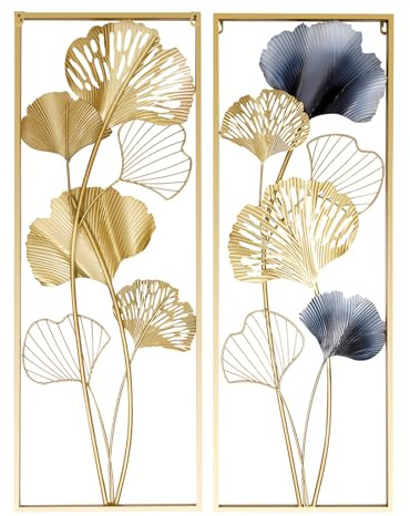 Estabeter Ginkgo-Wanddekoration, 3D Metall Wand Deko Ginkgo Wandskulpture 2er-Set Wanddekoobjekt Golden Ginkgo Biloba Wandbehang für Wohnzimmer, Schlafzimmer 85 x 31 x 5 cm