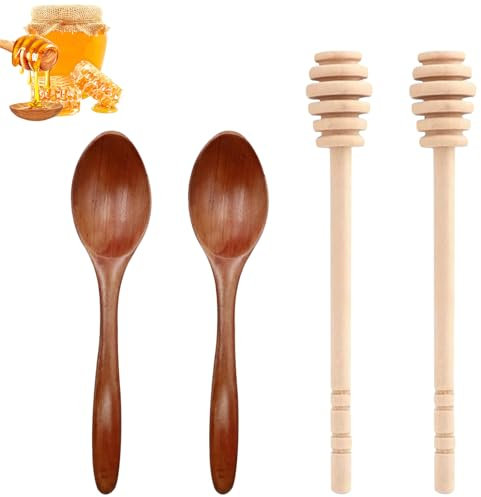 HUTHUHNHN Lot de 4 mélangeurs à miel en bois - Cuillères à miel de 14 cm et pelle à miel de 15 cm - Doseur en spirale pour miel et sirop - Agitateurs anti-goutte - Bâtonnets à miel (2 + 2, marron)